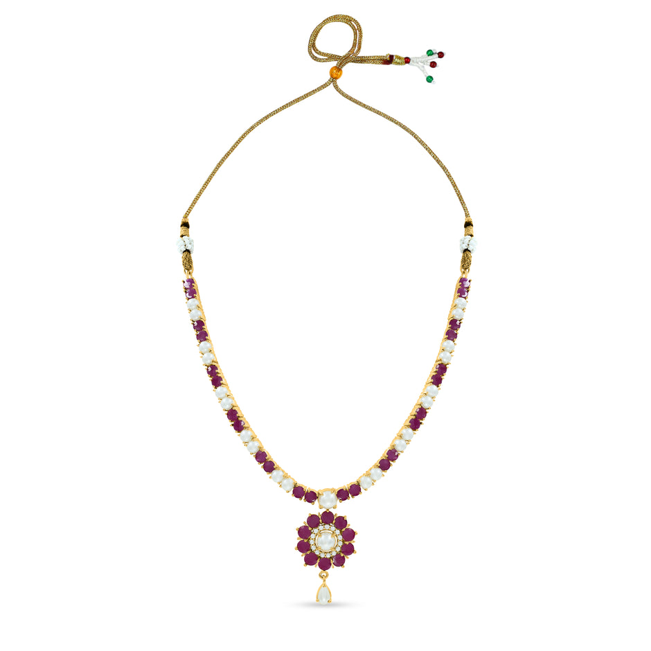 Bhavmayi Classic Ruby-Red Stone & Lustrous Round and Teardrop Pearls Flower Accent Pendant Heritage Necklace Set with Earrings