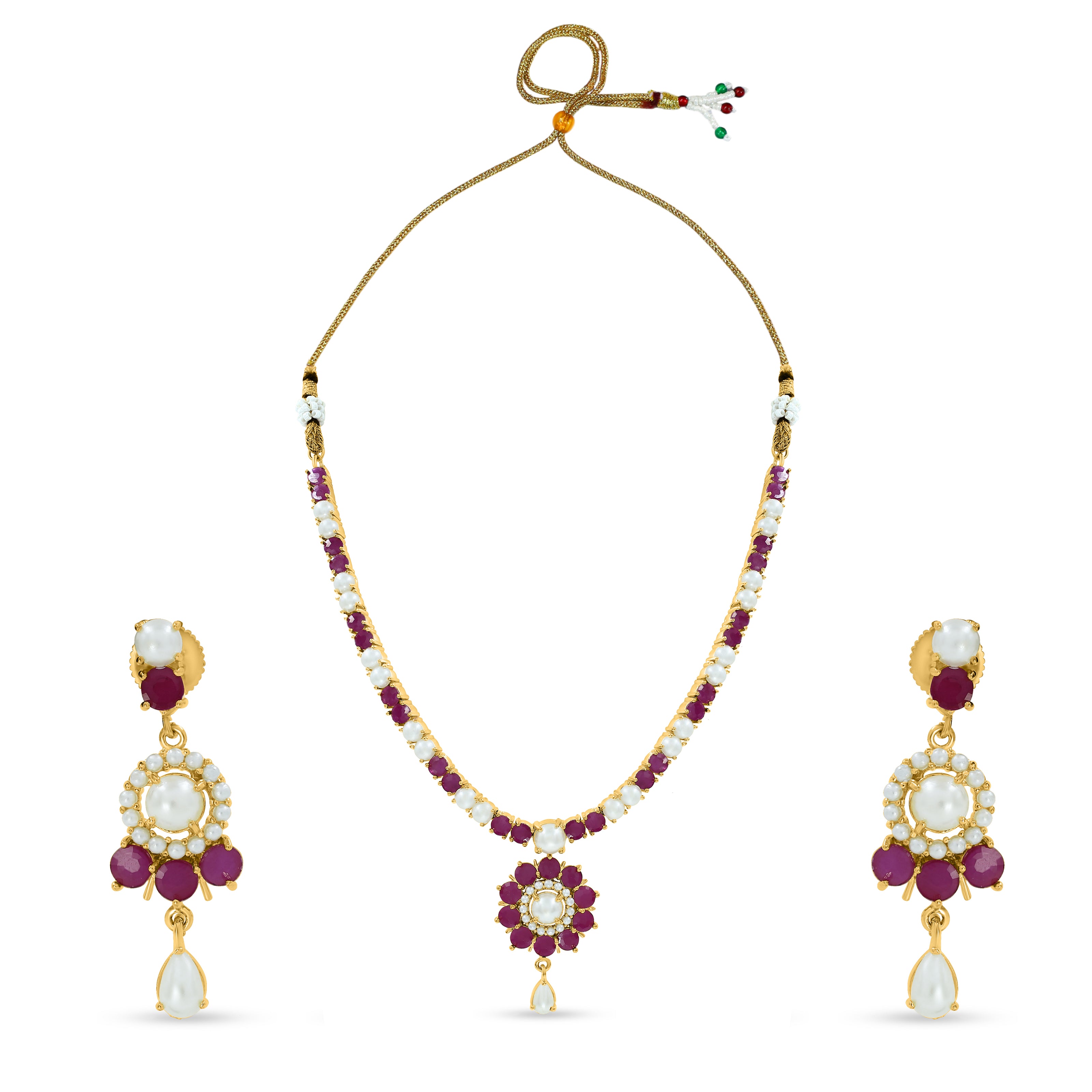 Bhavmayi Classic Ruby-Red Stone & Lustrous Round and Teardrop Pearls Flower Accent Pendant Heritage Necklace Set with Earrings