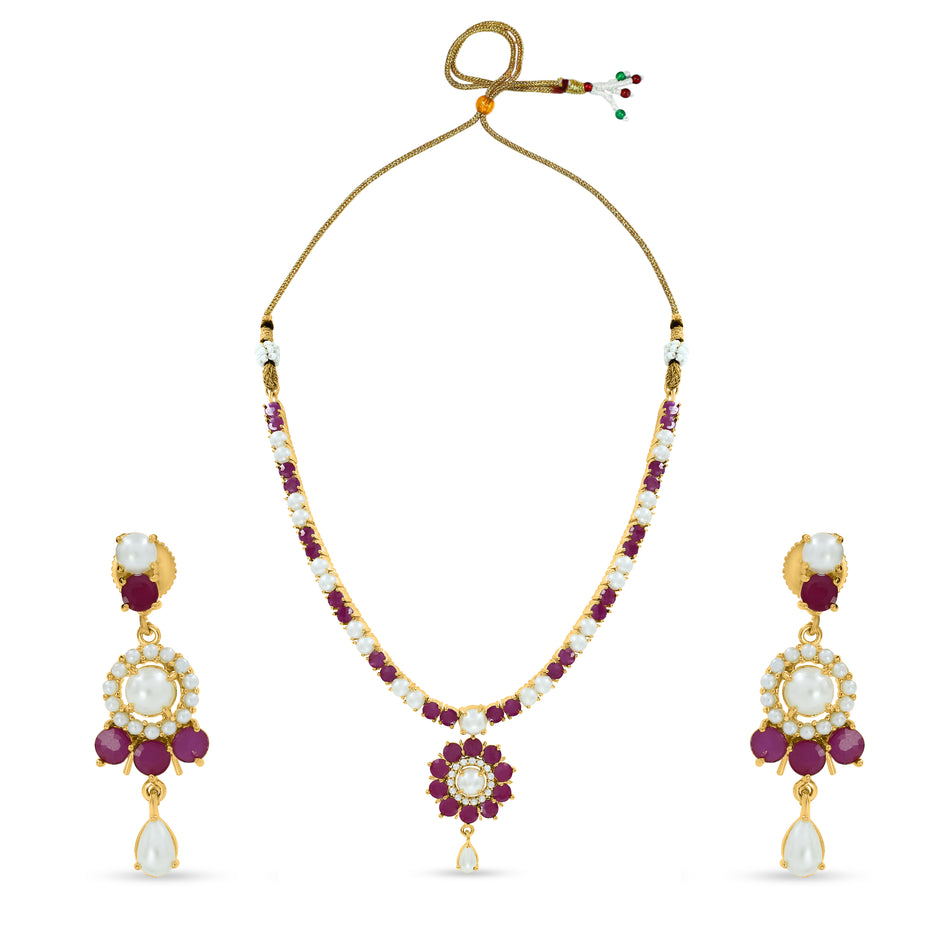 Bhavmayi Classic Ruby-Red Stone & Lustrous Round and Teardrop Pearls Flower Accent Pendant Heritage Necklace Set with Earrings
