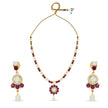 Bhavmayi Classic Ruby-Red Stone & Lustrous Round and Teardrop Pearls Flower Accent Pendant Heritage Necklace Set with Earrings