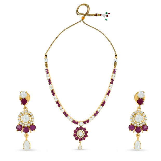 Bhavmayi Classic Ruby-Red Stone & Lustrous Round and Teardrop Pearls Flower Accent Pendant Heritage Necklace Set with Earrings