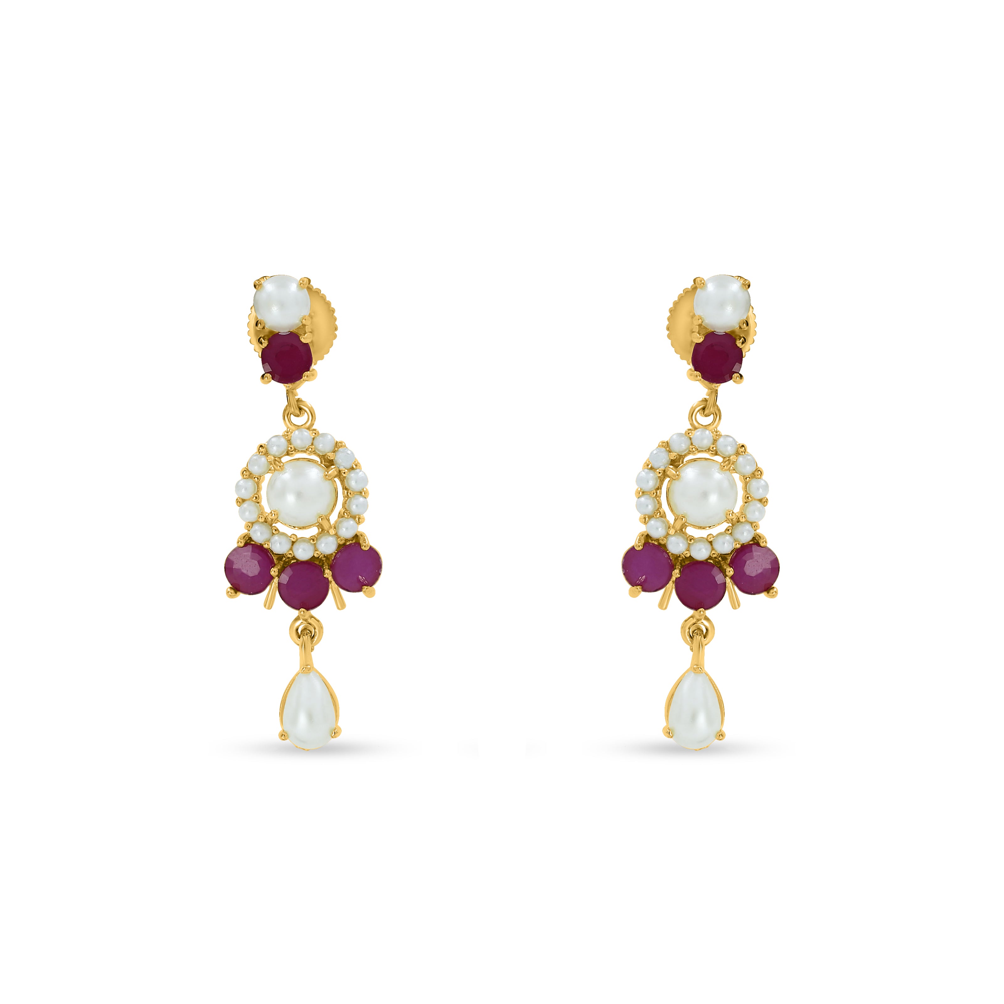 Bhavmayi Classic Ruby-Red Stone & Lustrous Round and Teardrop Pearls Flower Accent Pendant Heritage Necklace Set with Earrings
