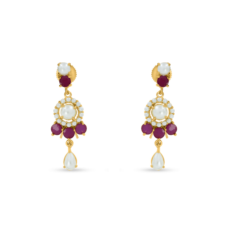 Bhavmayi Classic Ruby-Red Stone & Lustrous Round and Teardrop Pearls Flower Accent Pendant Heritage Necklace Set with Earrings