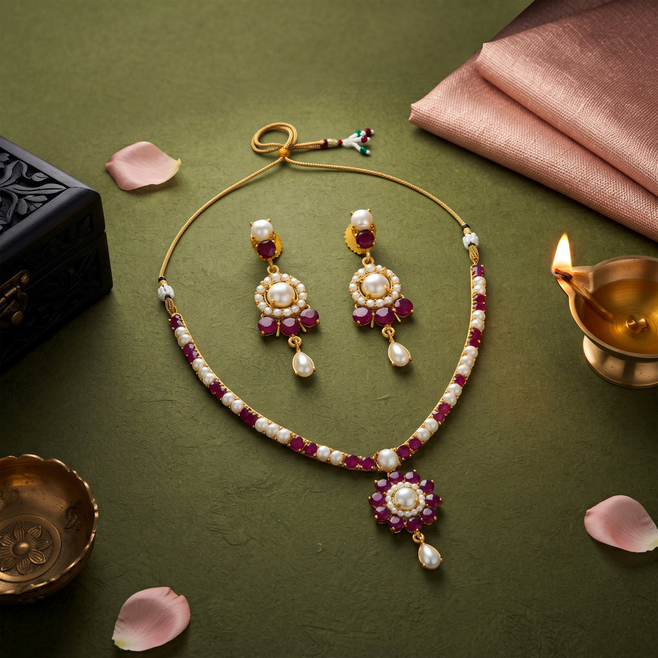 Bhavmayi Classic Ruby-Red Stone & Lustrous Round and Teardrop Pearls Flower Accent Pendant Heritage Necklace Set with Earrings