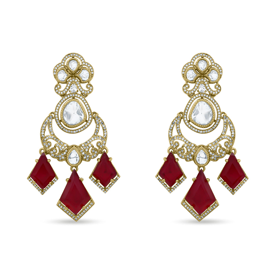 Bhavmayi Royal Chandbali Red Ruby Kite-Drop Statement Earrings with Intricate Gold Filigree Accent