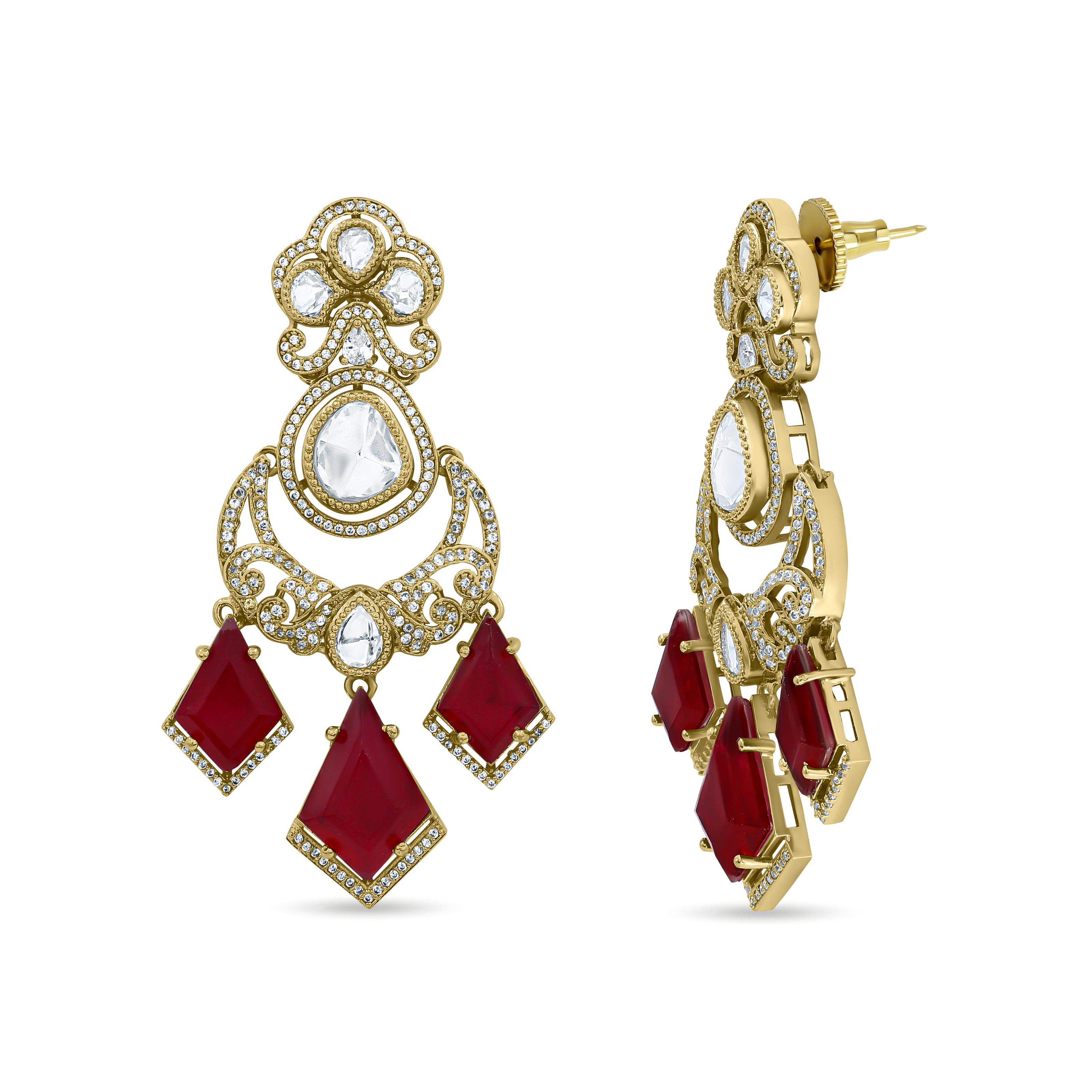 Bhavmayi Royal Chandbali Red Ruby Kite-Drop Statement Earrings with Intricate Gold Filigree Accent