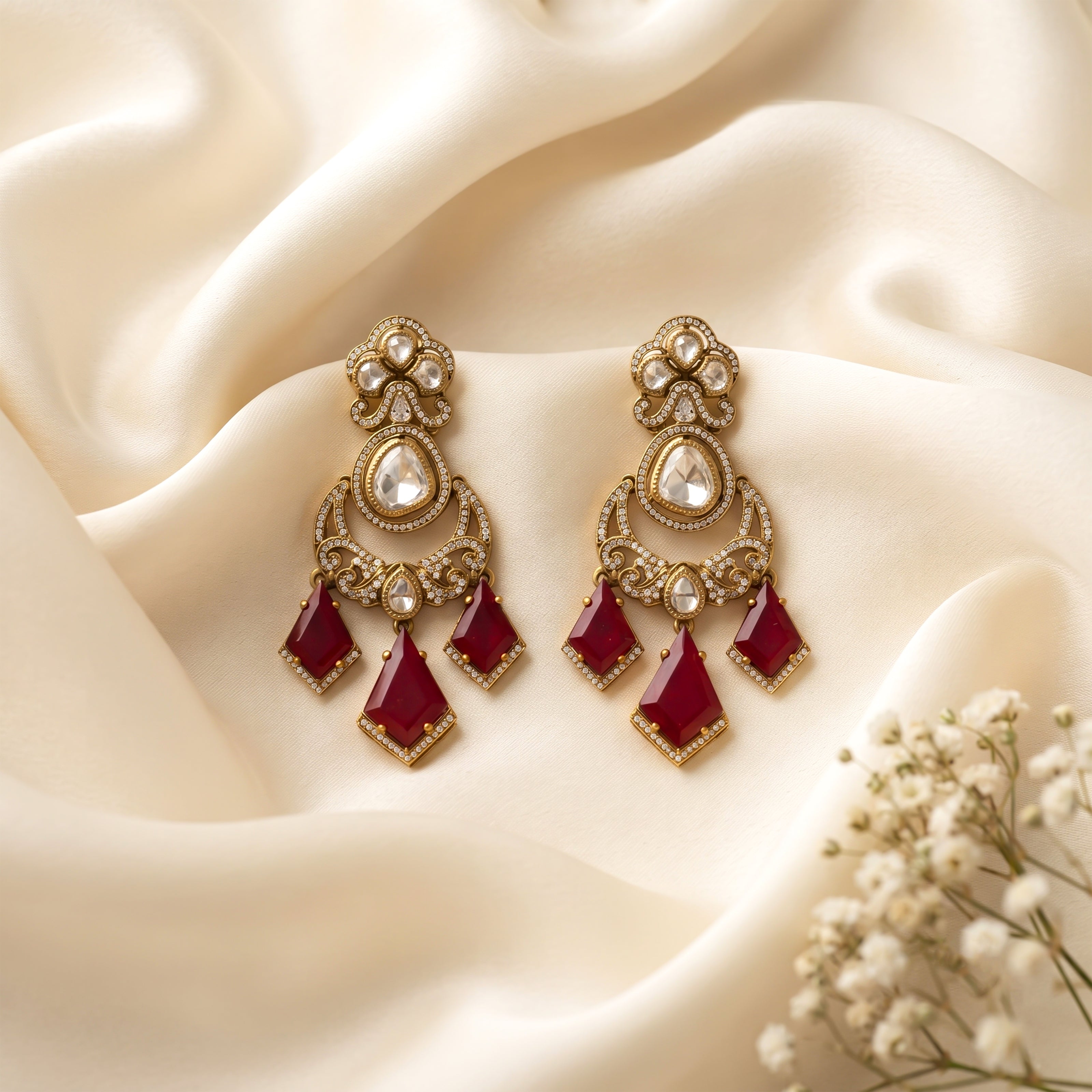 Bhavmayi Royal Chandbali Red Ruby Kite-Drop Statement Earrings with Intricate Gold Filigree Accent