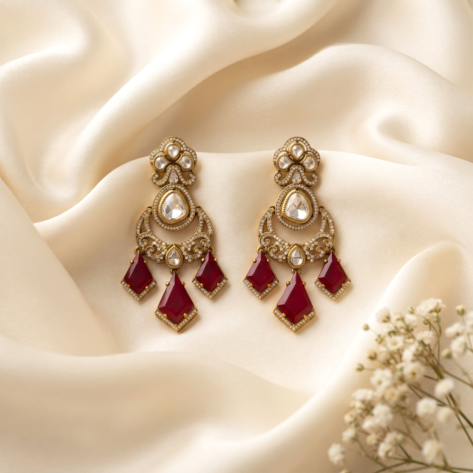 Bhavmayi Royal Chandbali Red Ruby Kite-Drop Statement Earrings with Intricate Gold Filigree Accent