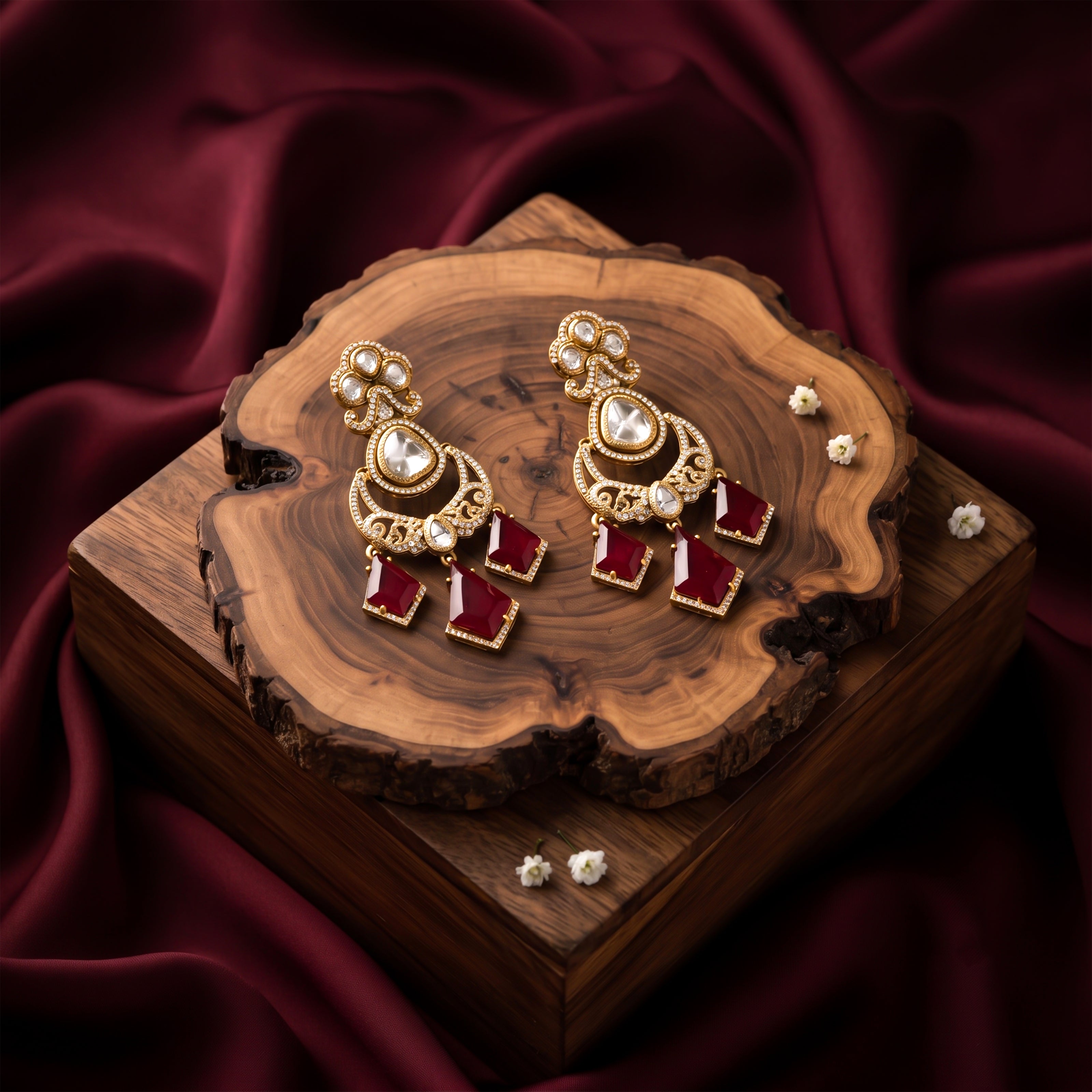 Bhavmayi Royal Chandbali Red Ruby Kite-Drop Statement Earrings with Intricate Gold Filigree Accent