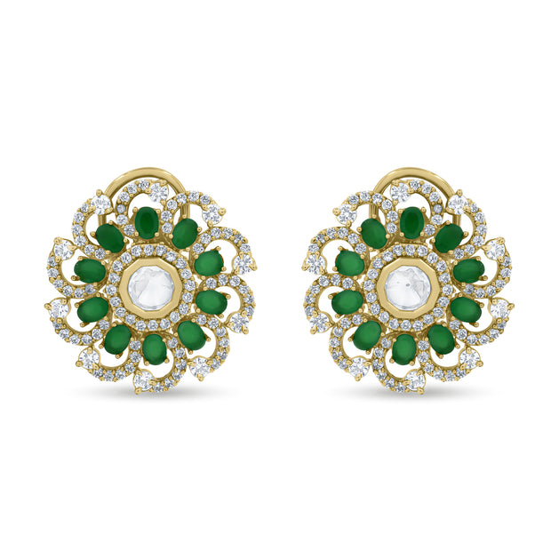 Bhavmayi 14K Gold Ornate Floral Burst Diamond Studded & Deca Cut Polki Accents Earrings