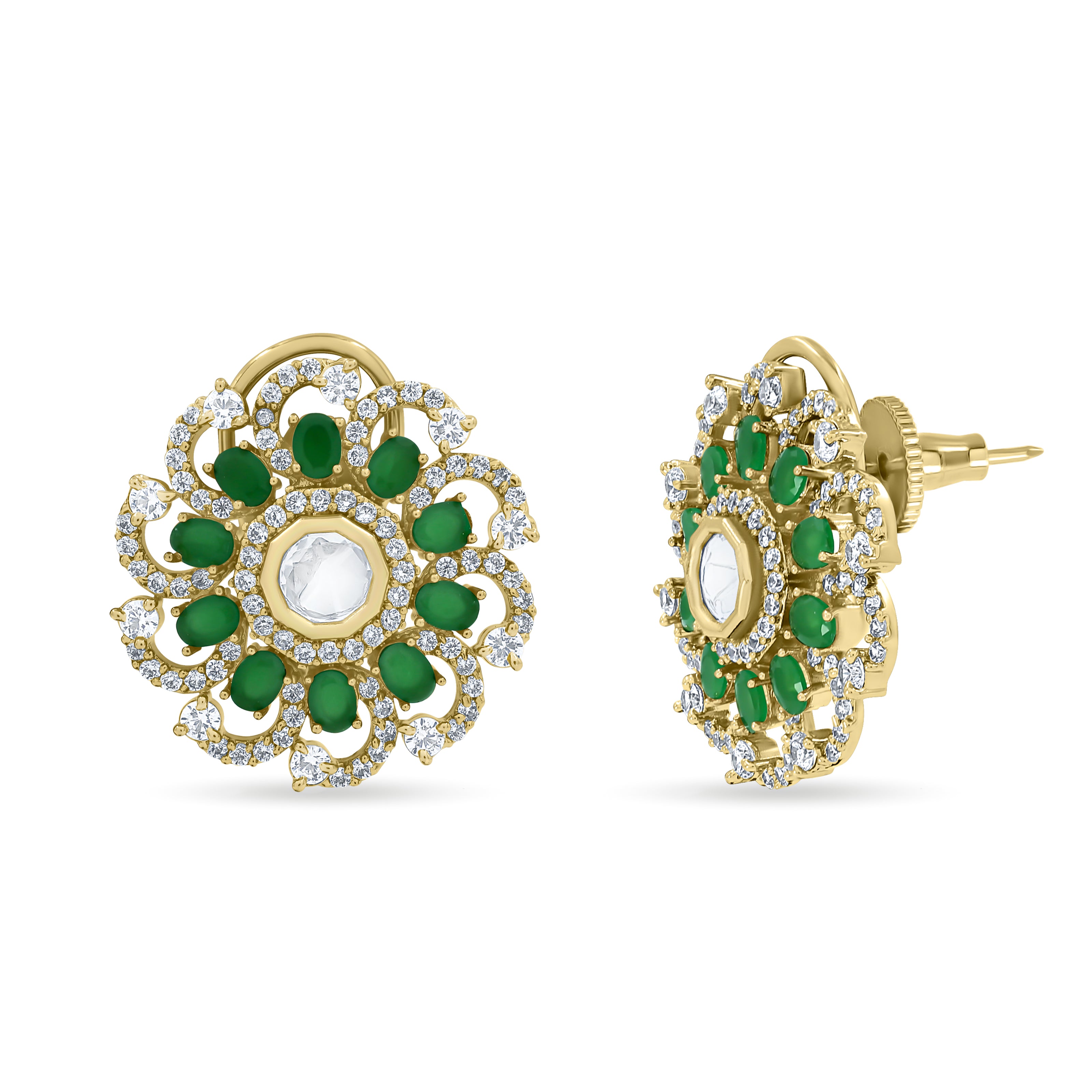 Bhavmayi 14K Gold Ornate Floral Burst Diamond Studded & Deca Cut Polki Accents Earrings