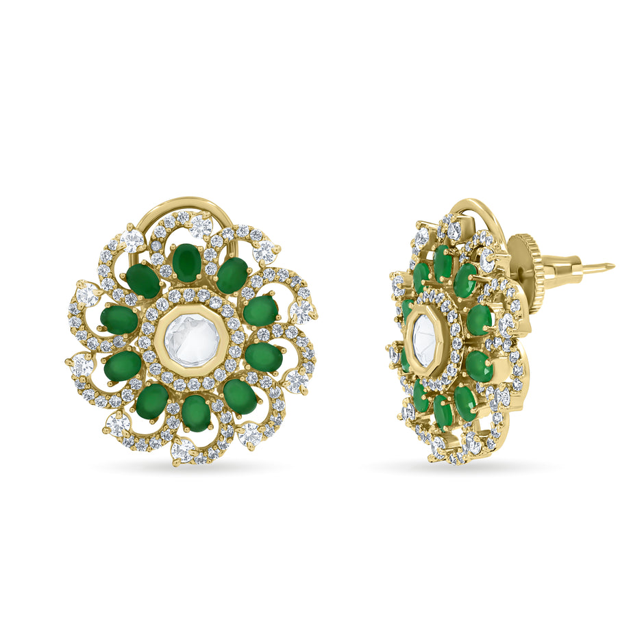 Bhavmayi 14K Gold Ornate Floral Burst Diamond Studded & Deca Cut Polki Accents Earrings