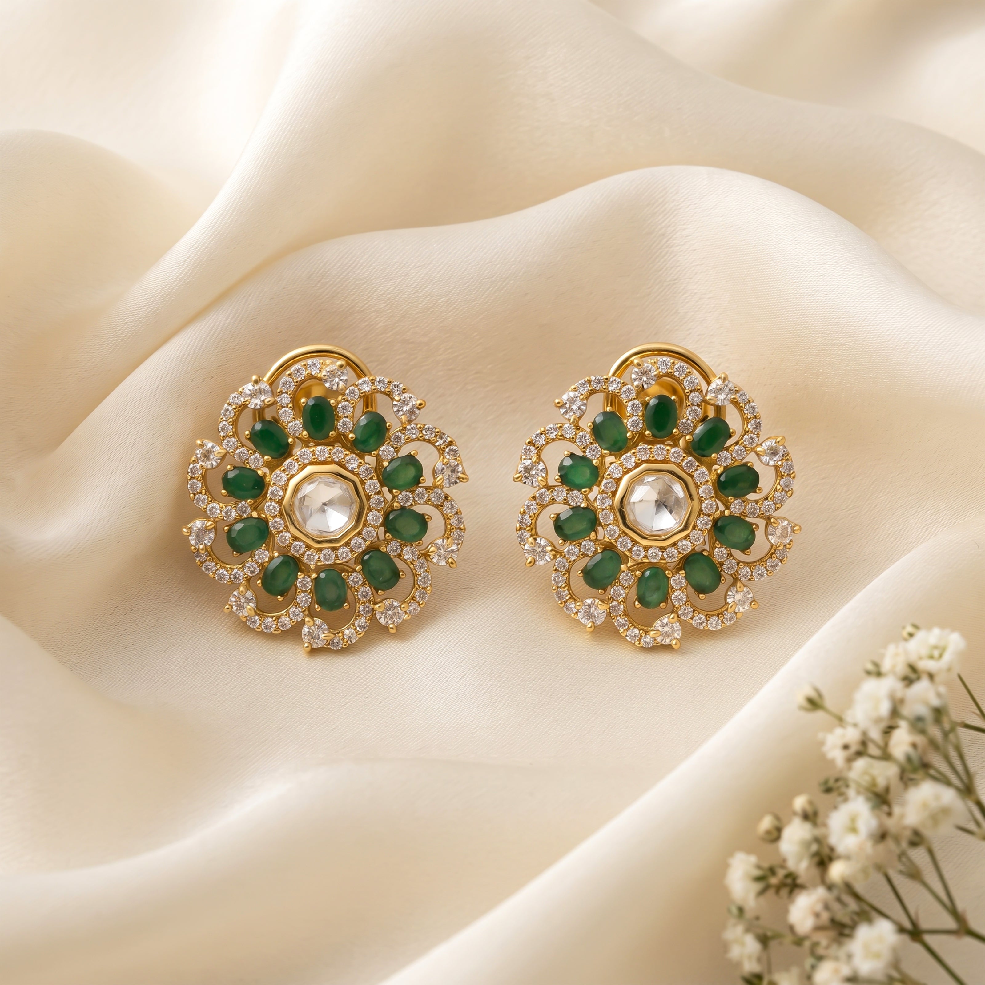 Bhavmayi 14K Gold Ornate Floral Burst Diamond Studded & Deca Cut Polki Accents Earrings