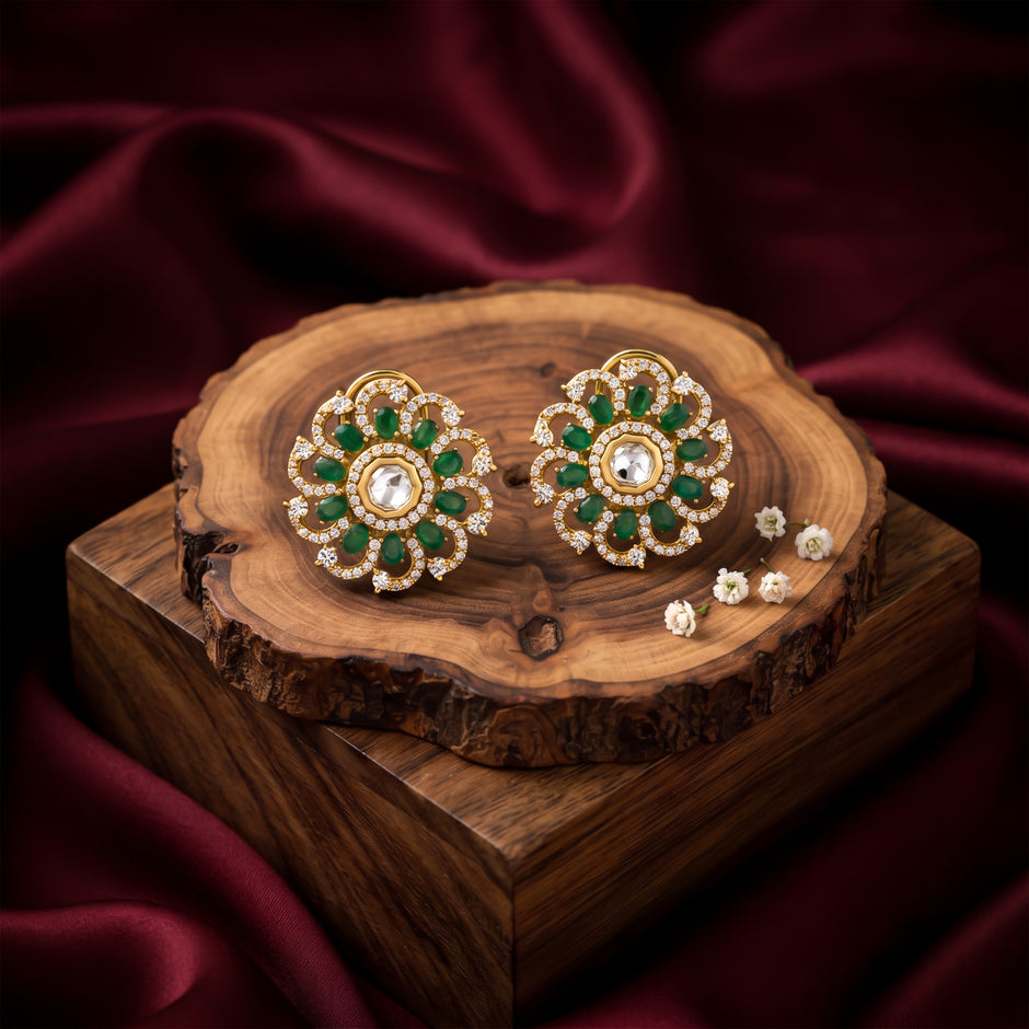 Bhavmayi 14K Gold Ornate Floral Burst Diamond Studded & Deca Cut Polki Accents Earrings