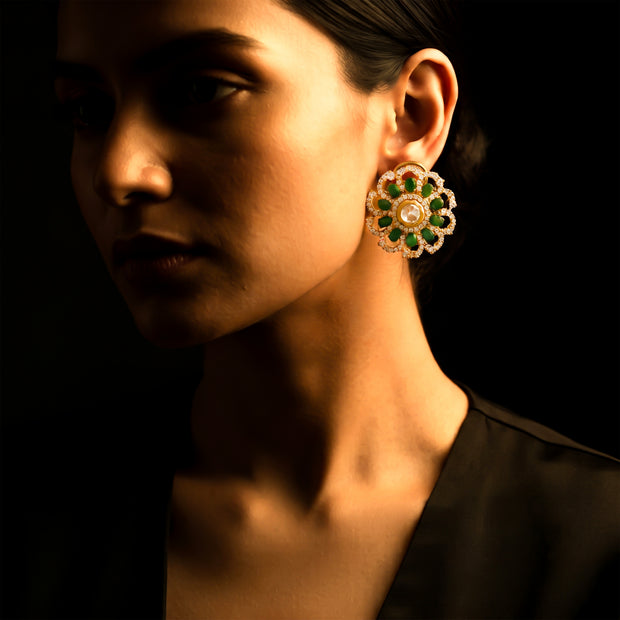 Bhavmayi 14K Gold Ornate Floral Burst Diamond Studded & Deca Cut Polki Accents Earrings