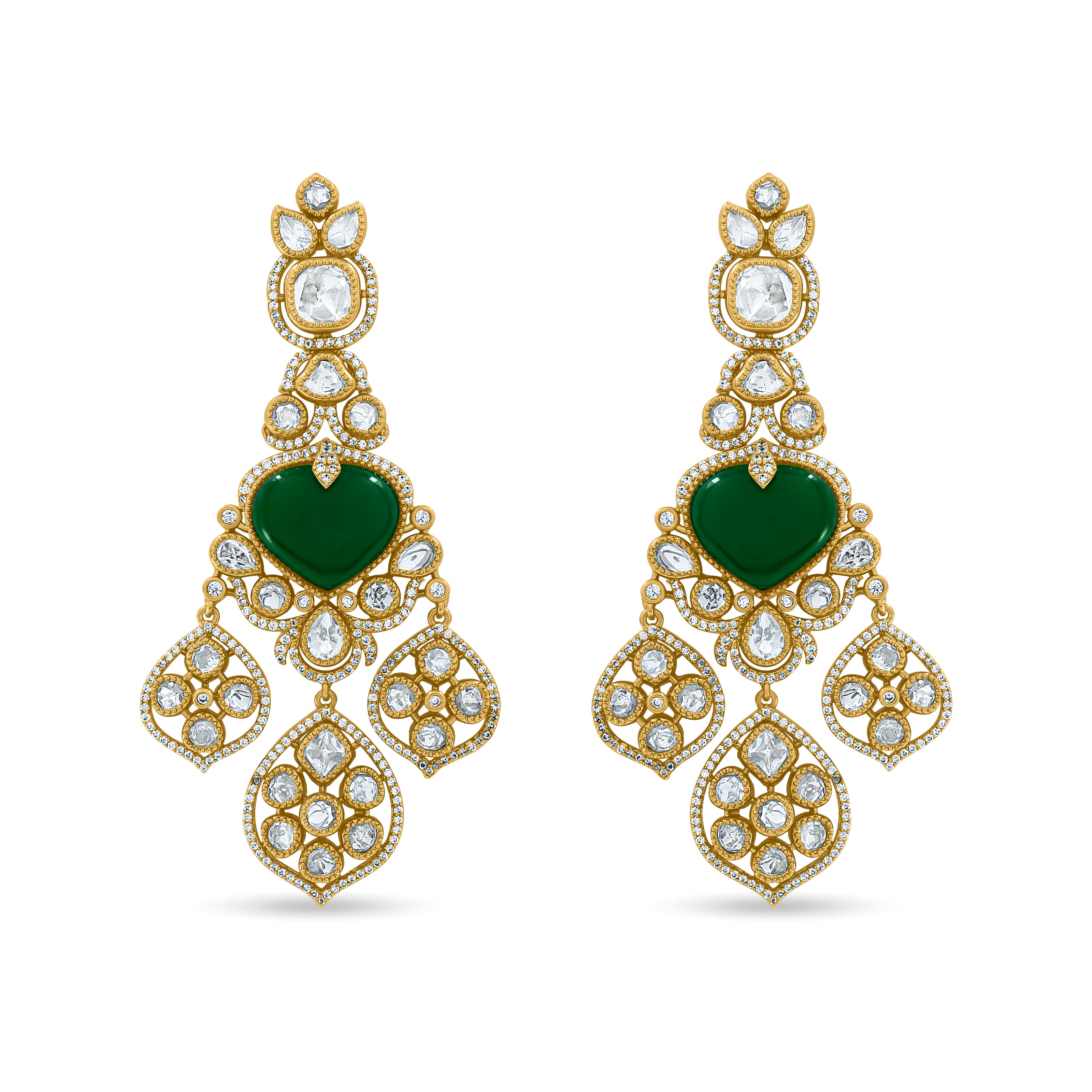 Bhavmayi Royal Heart-Drop Emerald & Gold Filigree Statement Earrings