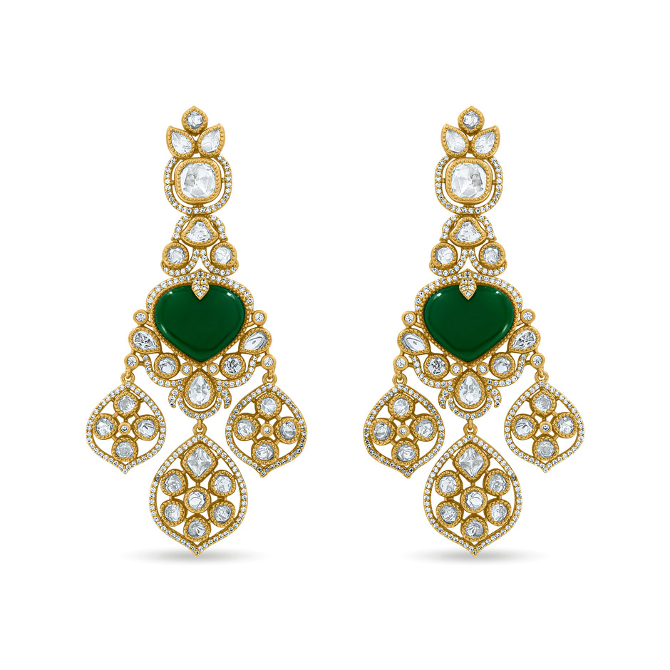 Bhavmayi Royal Heart-Drop Emerald & Gold Filigree Statement Earrings