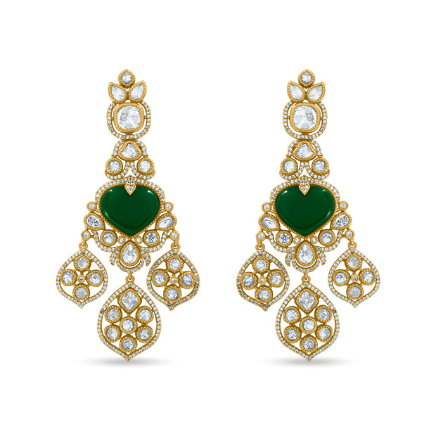 Bhavmayi Royal Heart-Drop Emerald & Gold Filigree Statement Earrings