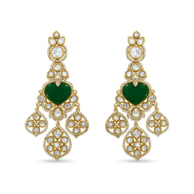 Bhavmayi Royal Heart-Drop Emerald & Gold Filigree Statement Earrings