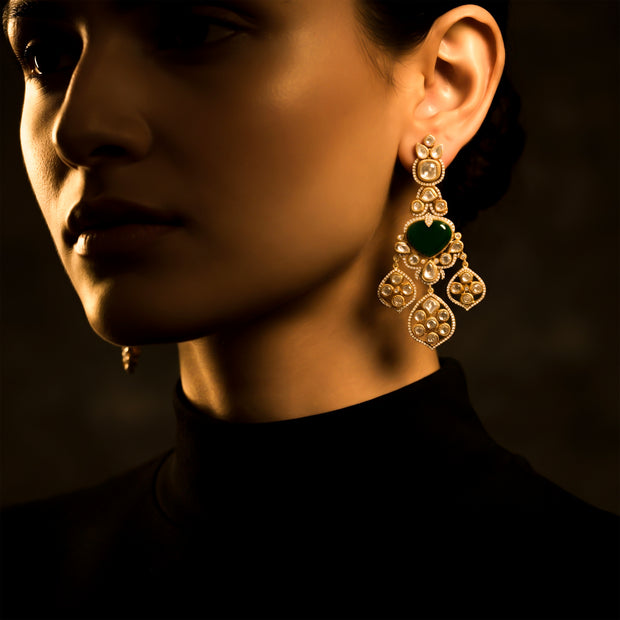 Bhavmayi Royal Heart-Drop Emerald & Gold Filigree Statement Earrings