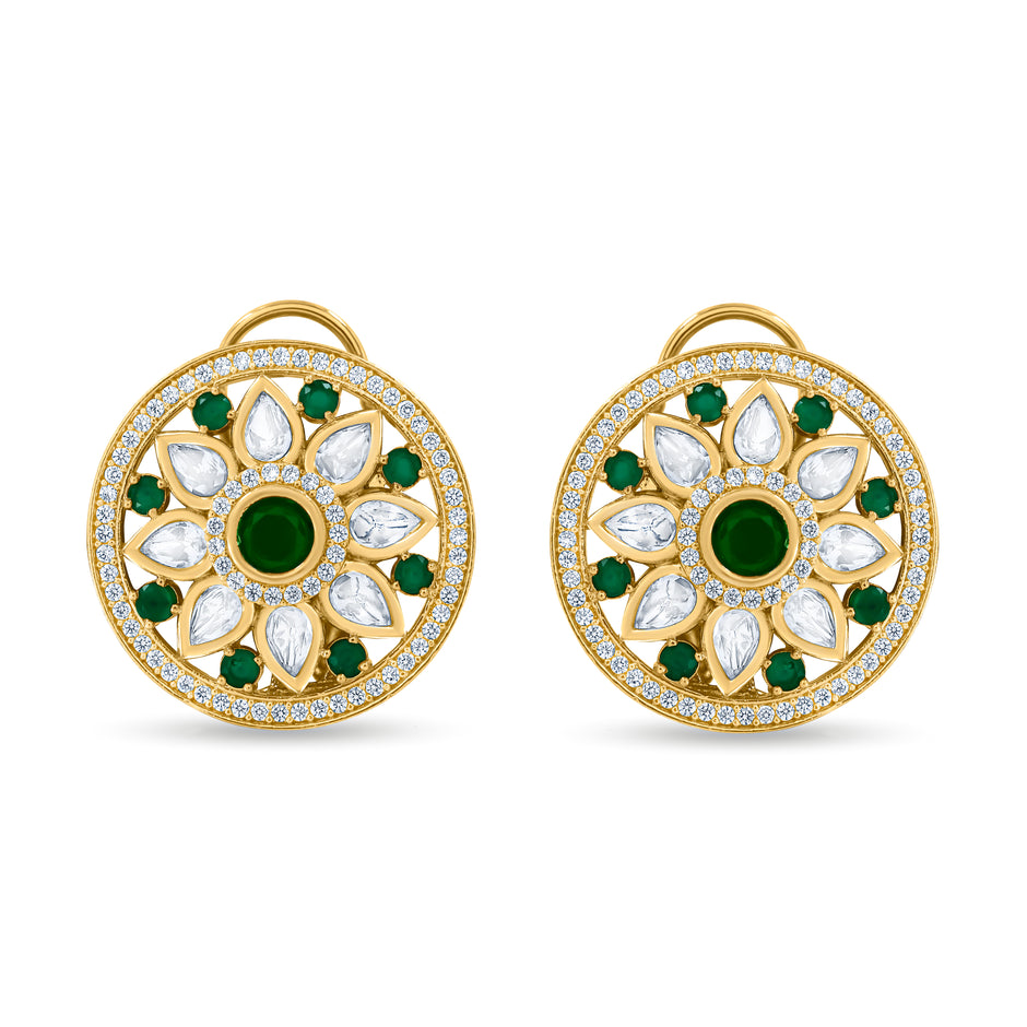Bhavmayi 14K Gold Round Mandala Stud Earrings with Emerald & Teardrop Diamond Accents