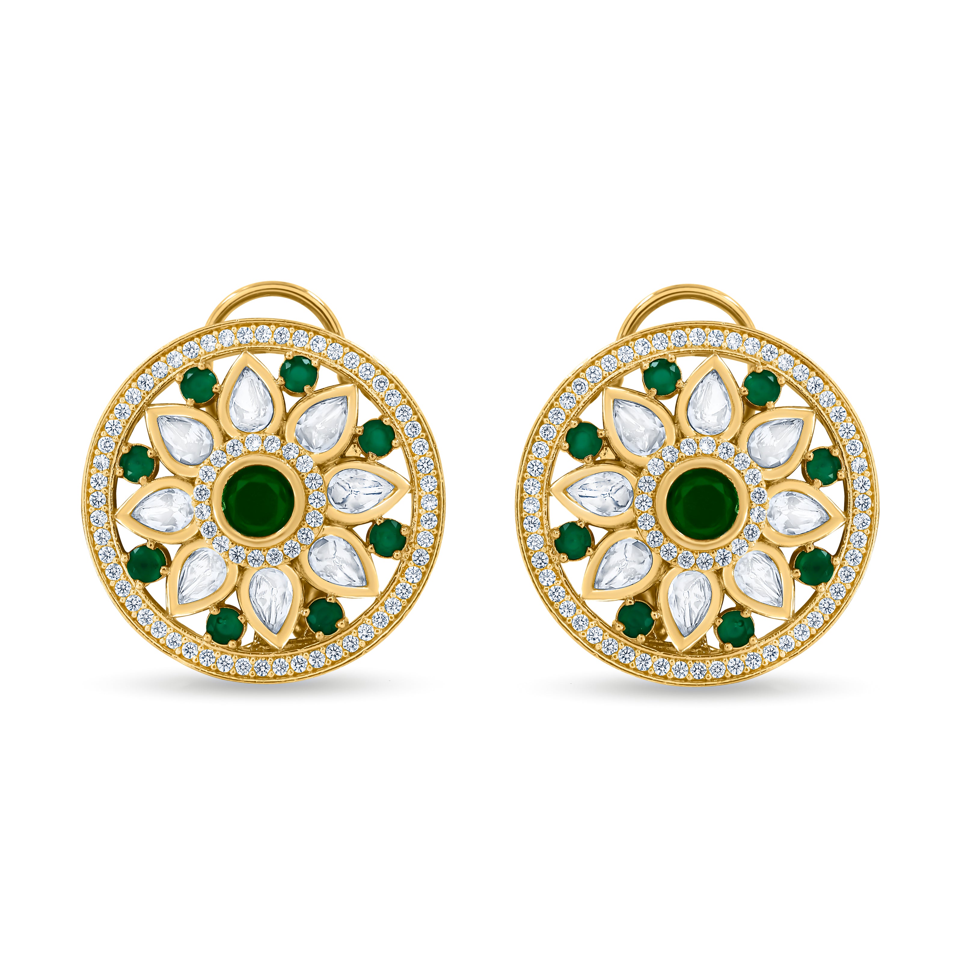 Bhavmayi 14K Gold Round Mandala Stud Earrings with Emerald & Teardrop Diamond Accents