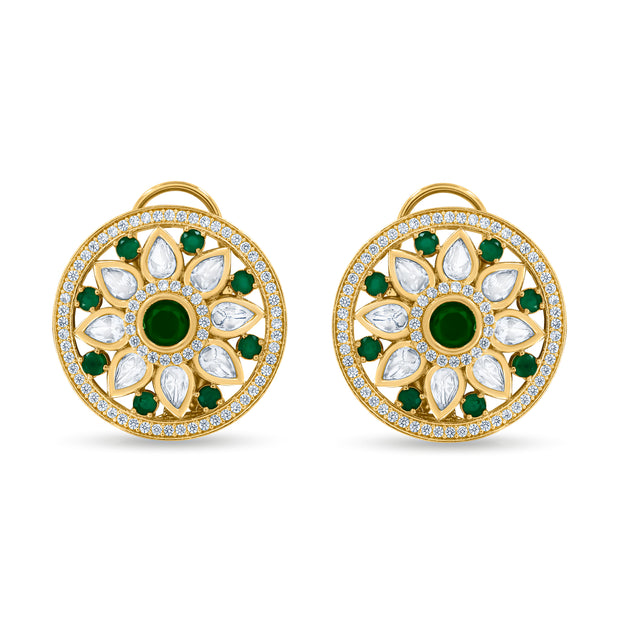 Bhavmayi 14K Gold Round Mandala Stud Earrings with Emerald & Teardrop Diamond Accents
