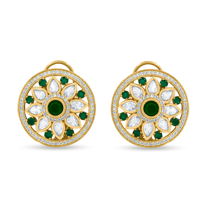 Bhavmayi 14K Gold Round Mandala Stud Earrings with Emerald & Teardrop Diamond Accents