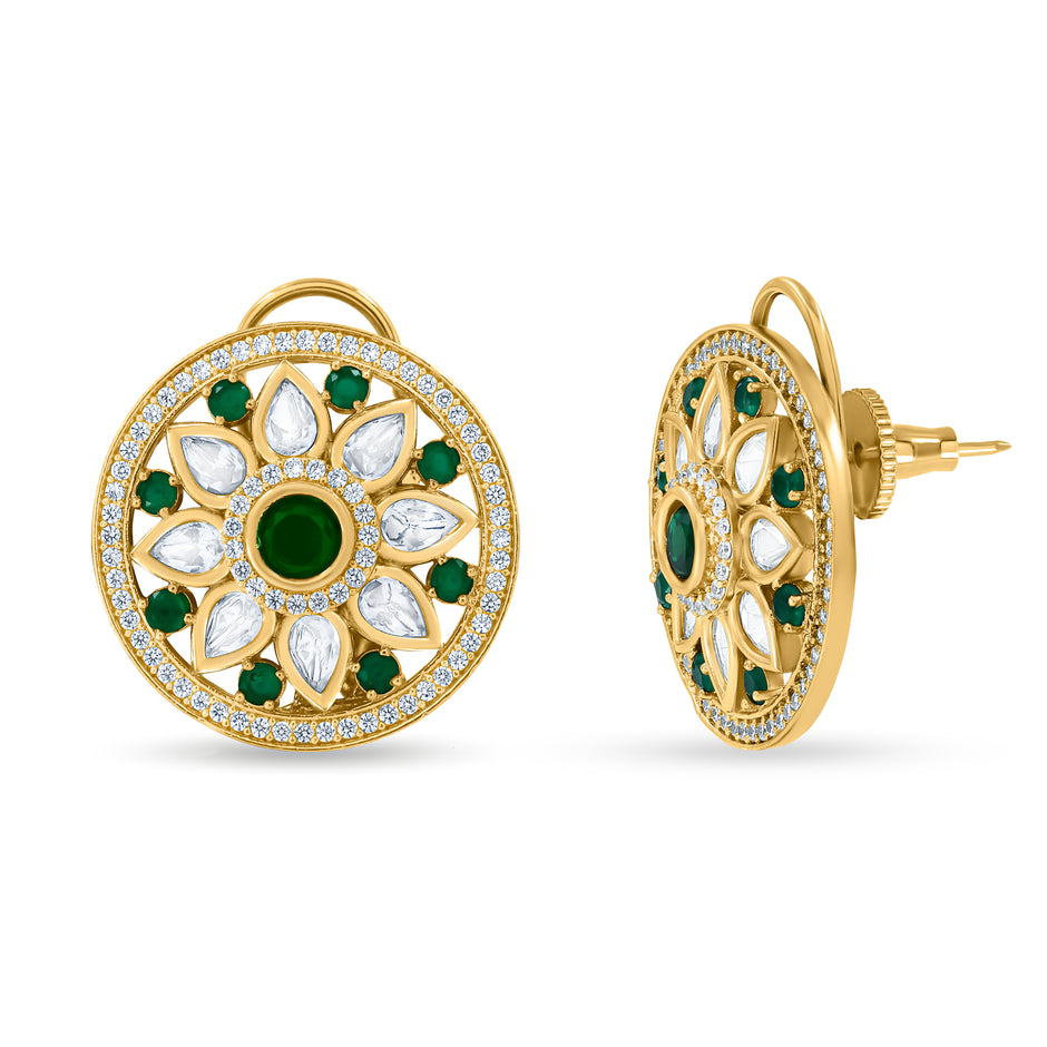 Bhavmayi 14K Gold Round Mandala Stud Earrings with Emerald & Teardrop Diamond Accents