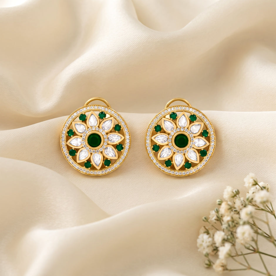 Bhavmayi 14K Gold Round Mandala Stud Earrings with Emerald & Teardrop Diamond Accents