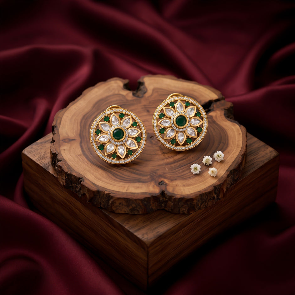 Bhavmayi 14K Gold Round Mandala Stud Earrings with Emerald & Teardrop Diamond Accents