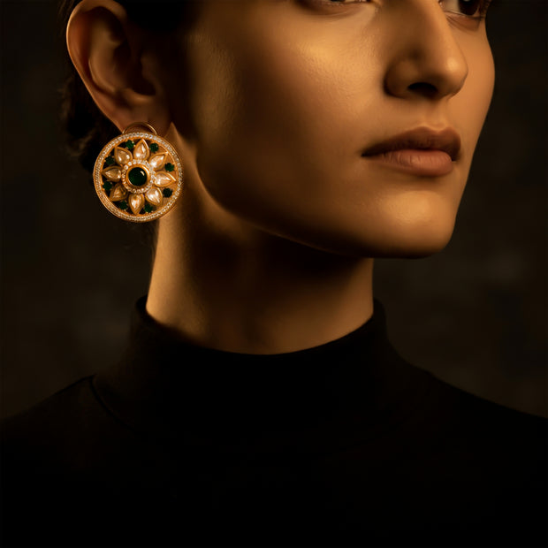 Bhavmayi 14K Gold Round Mandala Stud Earrings with Emerald & Teardrop Diamond Accents