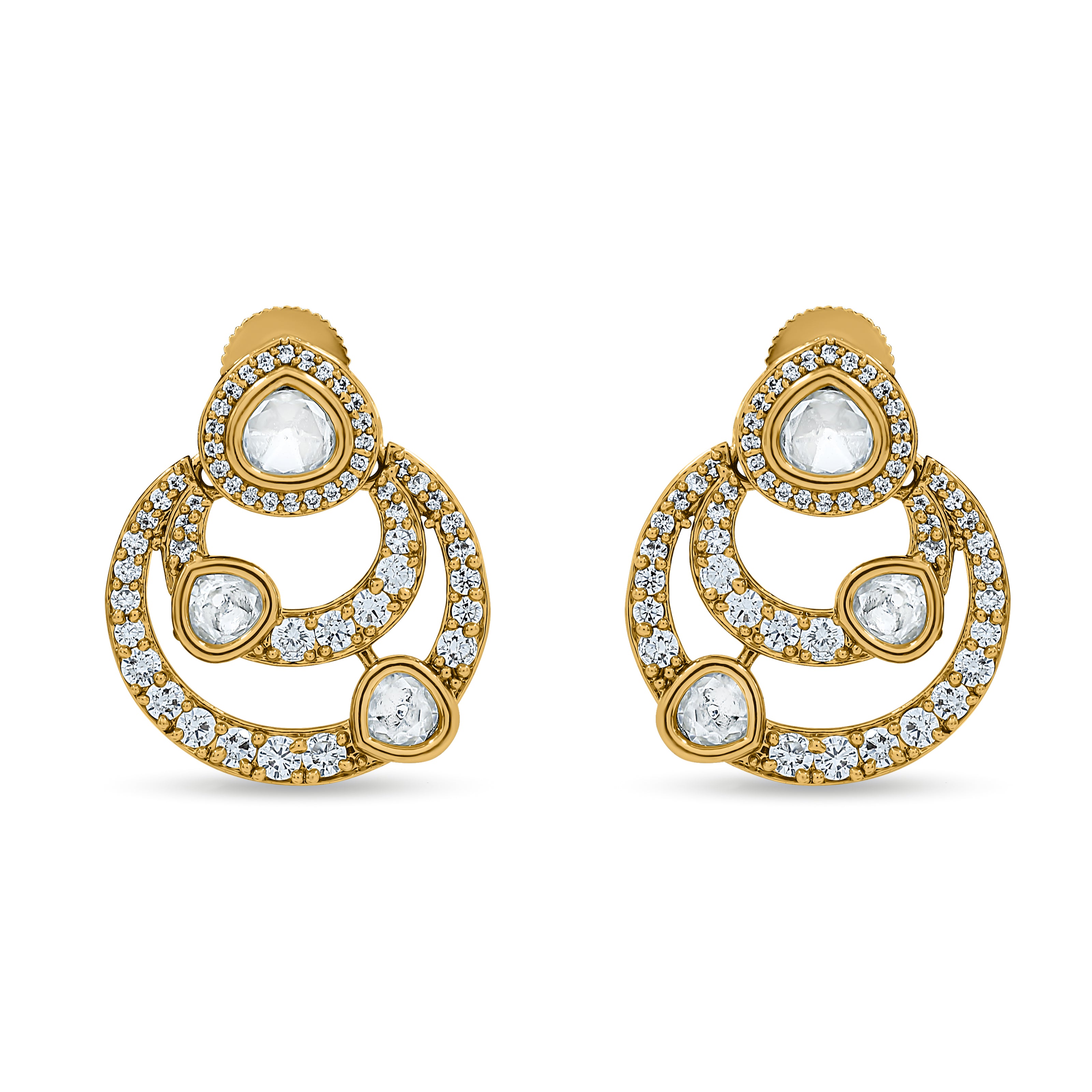 Bhavmayi 14K Gold Modern Hoop-Style Polki Stud Earrings with Diamond Accents