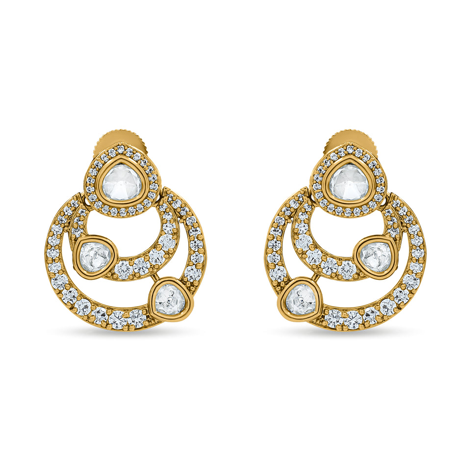 Bhavmayi 14K Gold Modern Hoop-Style Polki Stud Earrings with Diamond Accents
