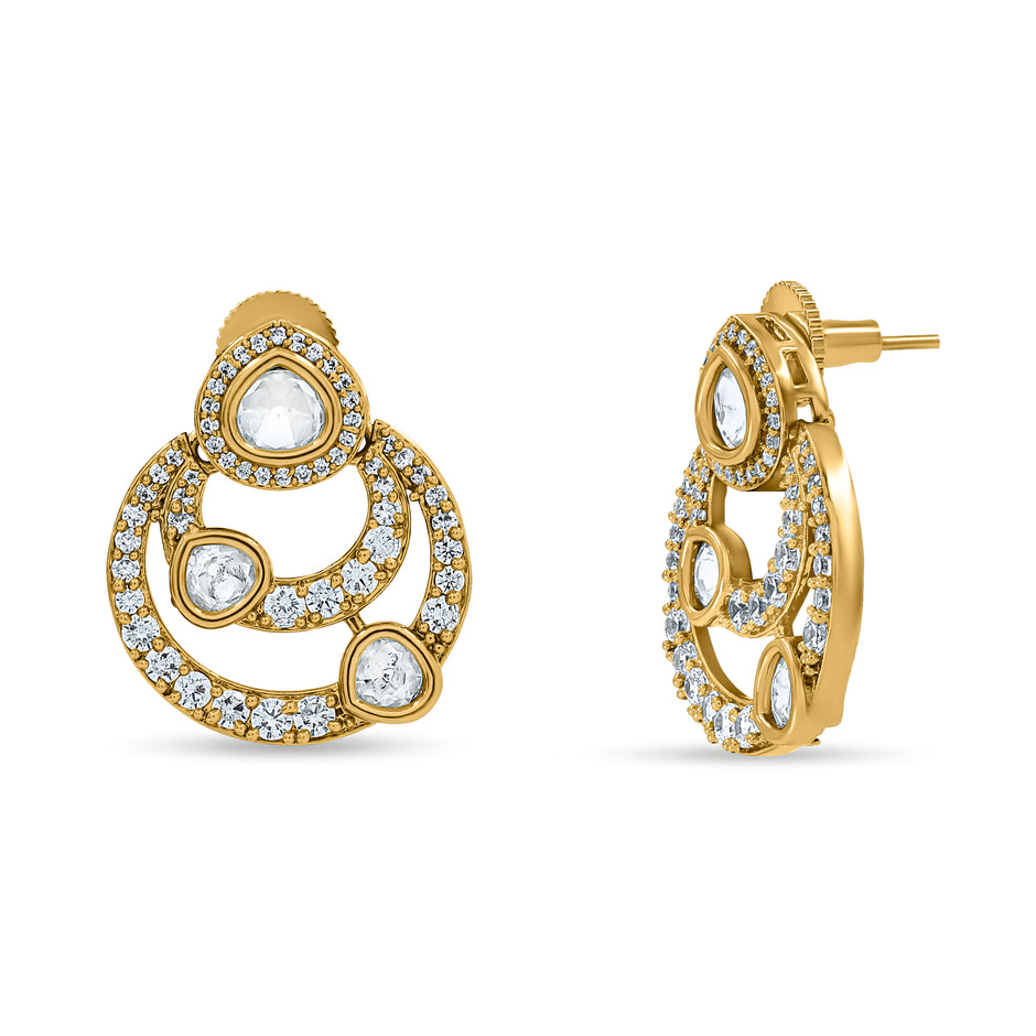 Bhavmayi 14K Gold Modern Hoop-Style Polki Stud Earrings with Diamond Accents