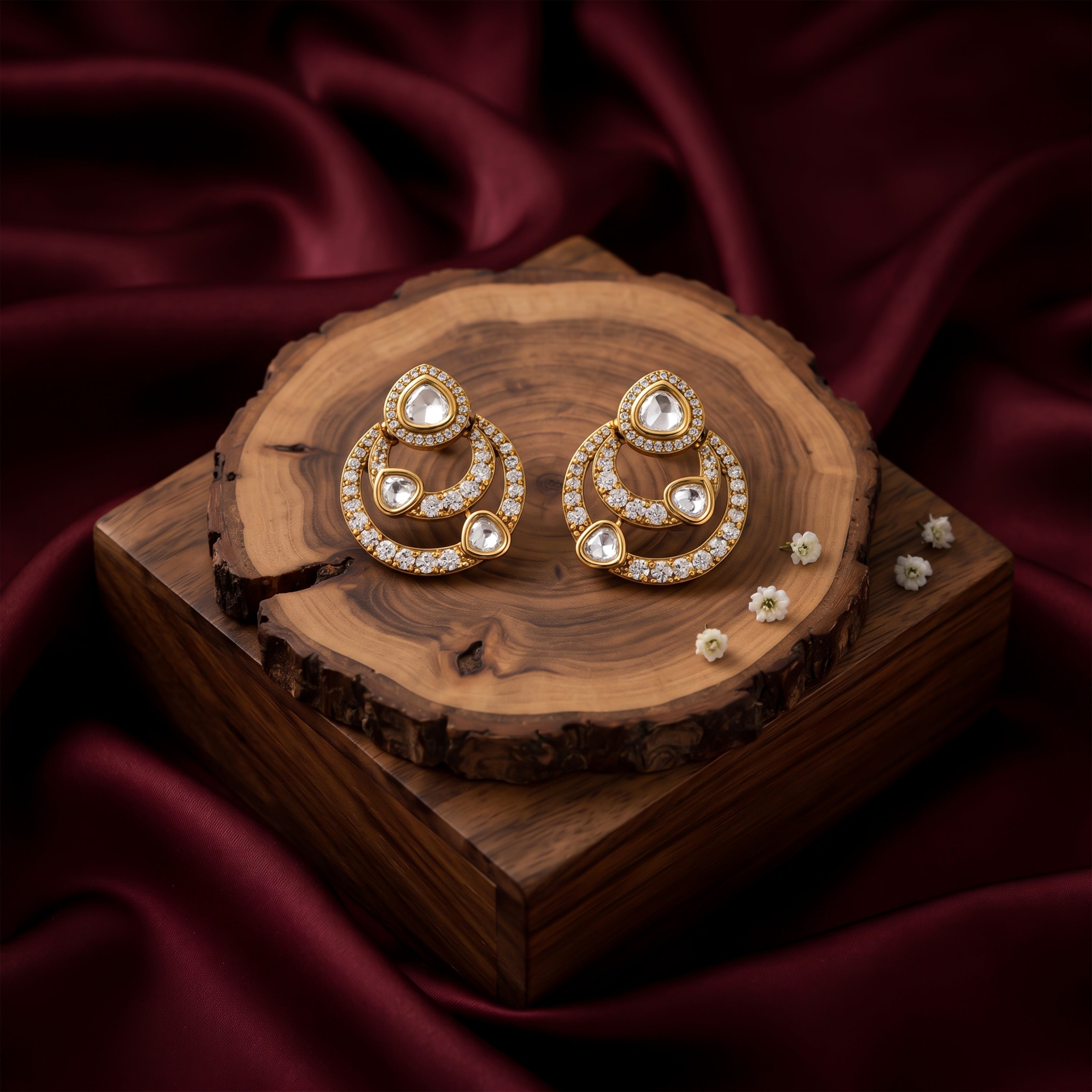 Bhavmayi 14K Gold Modern Hoop-Style Polki Stud Earrings with Diamond Accents
