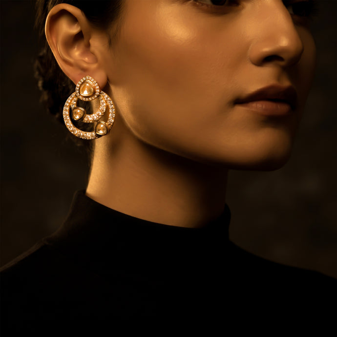 Bhavmayi 14K Gold Modern Hoop-Style Polki Stud Earrings with Diamond Accents