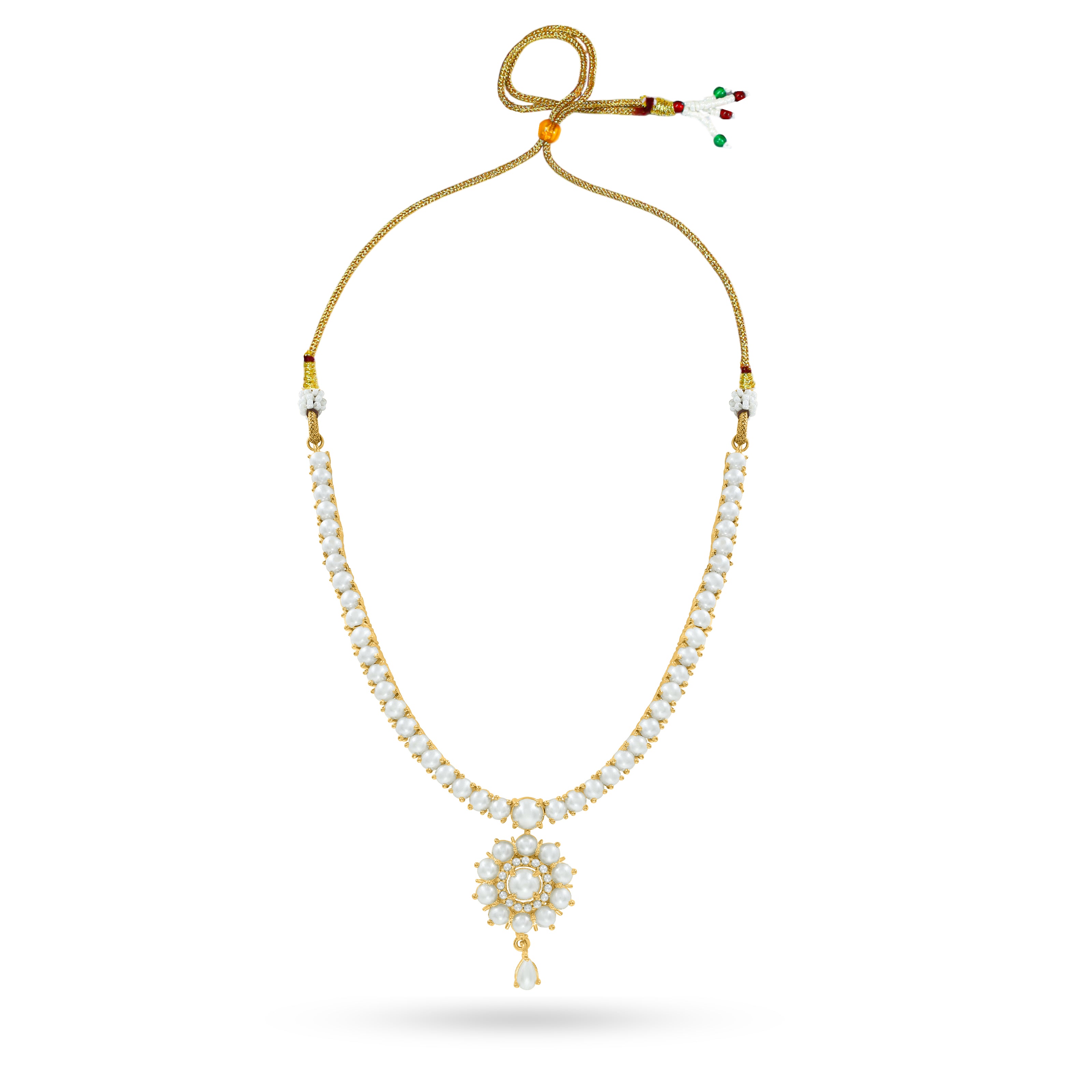 Bhavmayi Elegant and Classic Lustrous Pearl Floral Pendant Style Heritage Necklace Set with Earrings