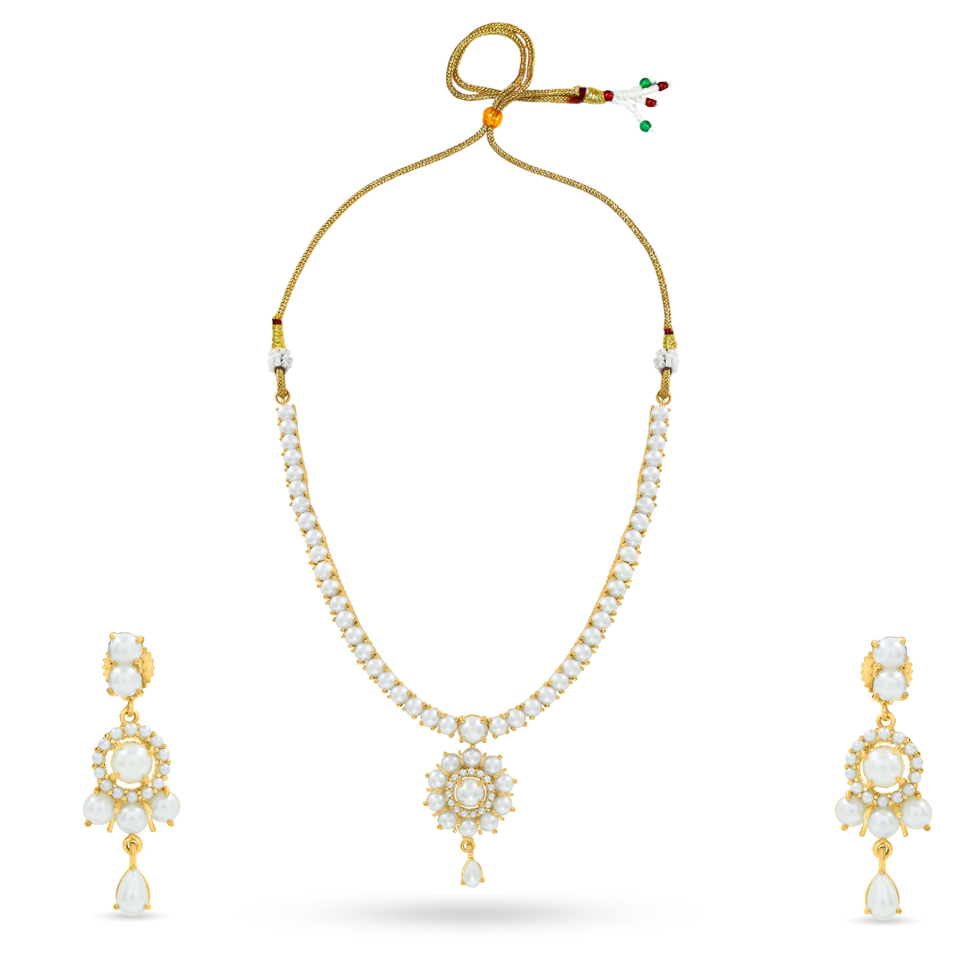 Bhavmayi Elegant and Classic Lustrous Pearl Floral Pendant Style Heritage Necklace Set with Earrings