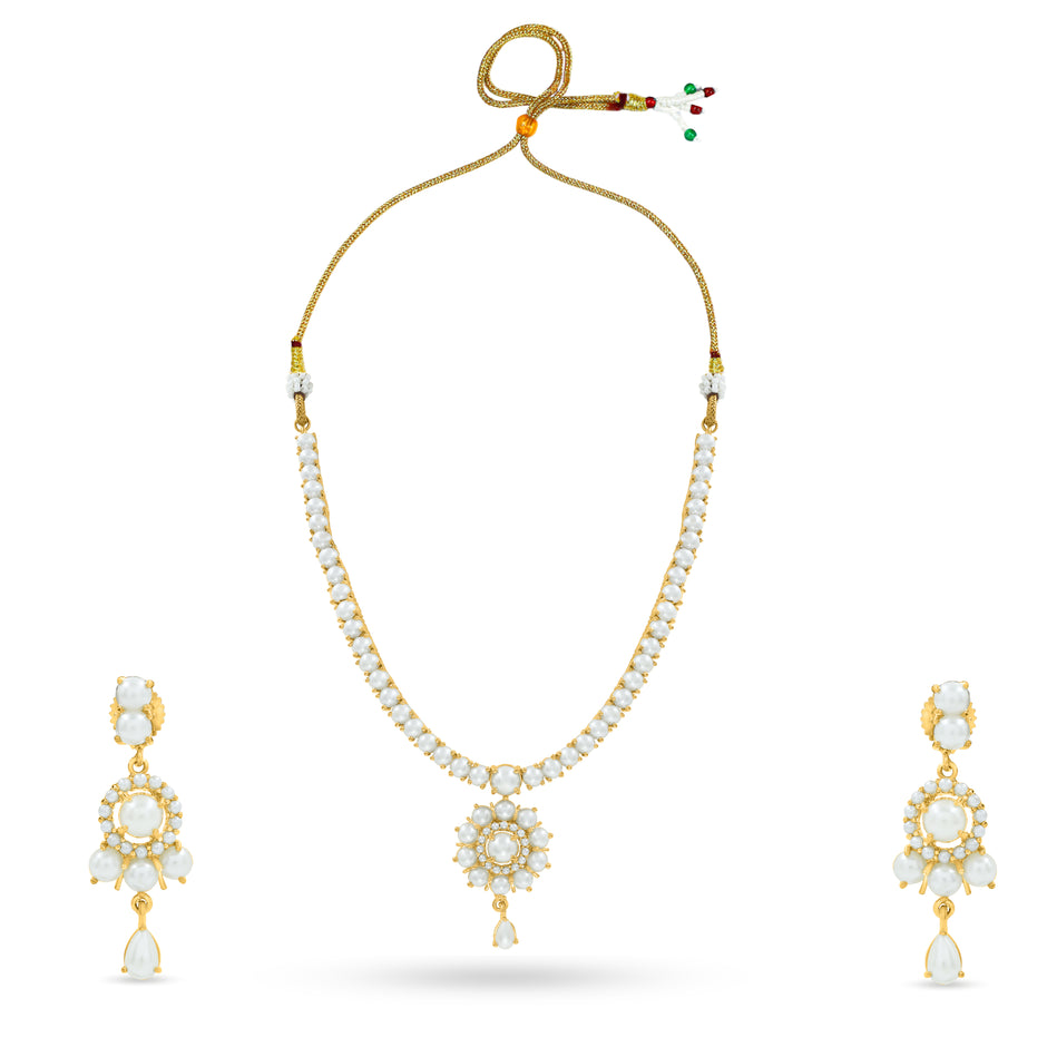 Bhavmayi Elegant and Classic Lustrous Pearl Floral Pendant Style Heritage Necklace Set with Earrings