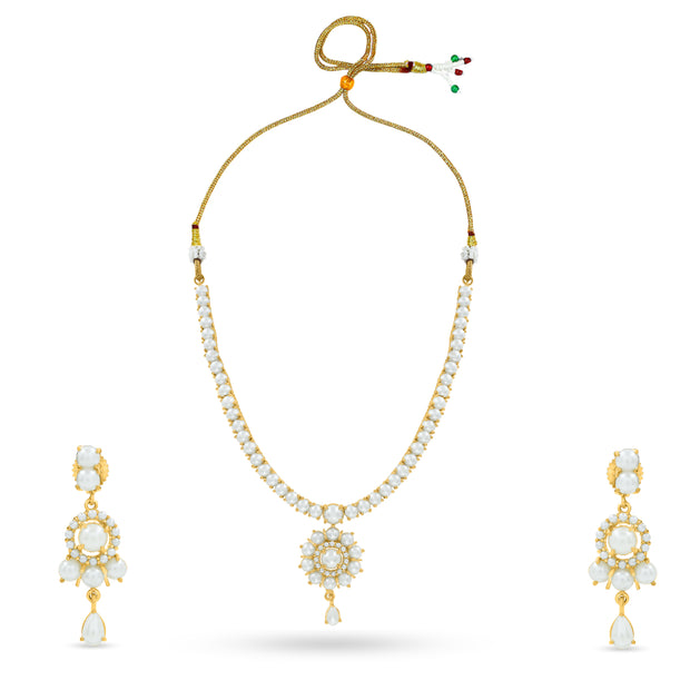 Bhavmayi Elegant and Classic Lustrous Pearl Floral Pendant Style Heritage Necklace Set with Earrings