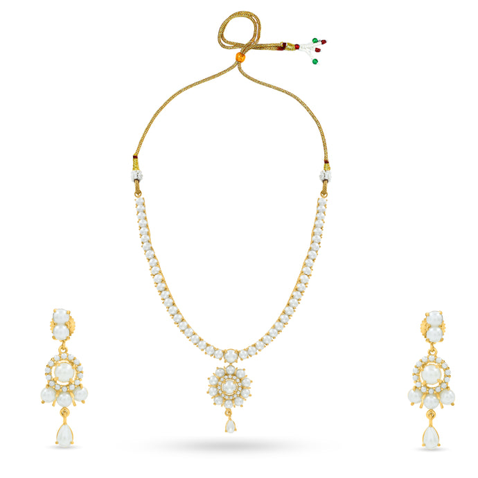Bhavmayi Elegant and Classic Lustrous Pearl Floral Pendant Style Heritage Necklace Set with Earrings