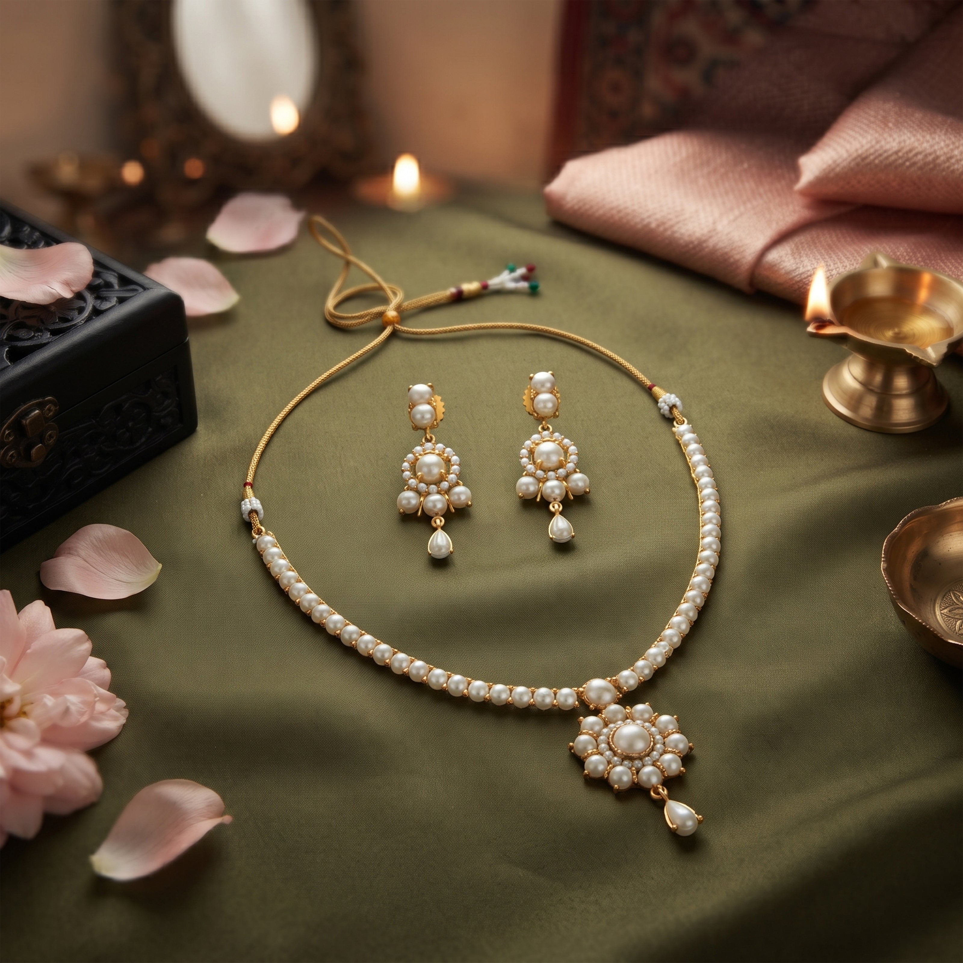 Bhavmayi Elegant and Classic Lustrous Pearl Floral Pendant Style Heritage Necklace Set with Earrings