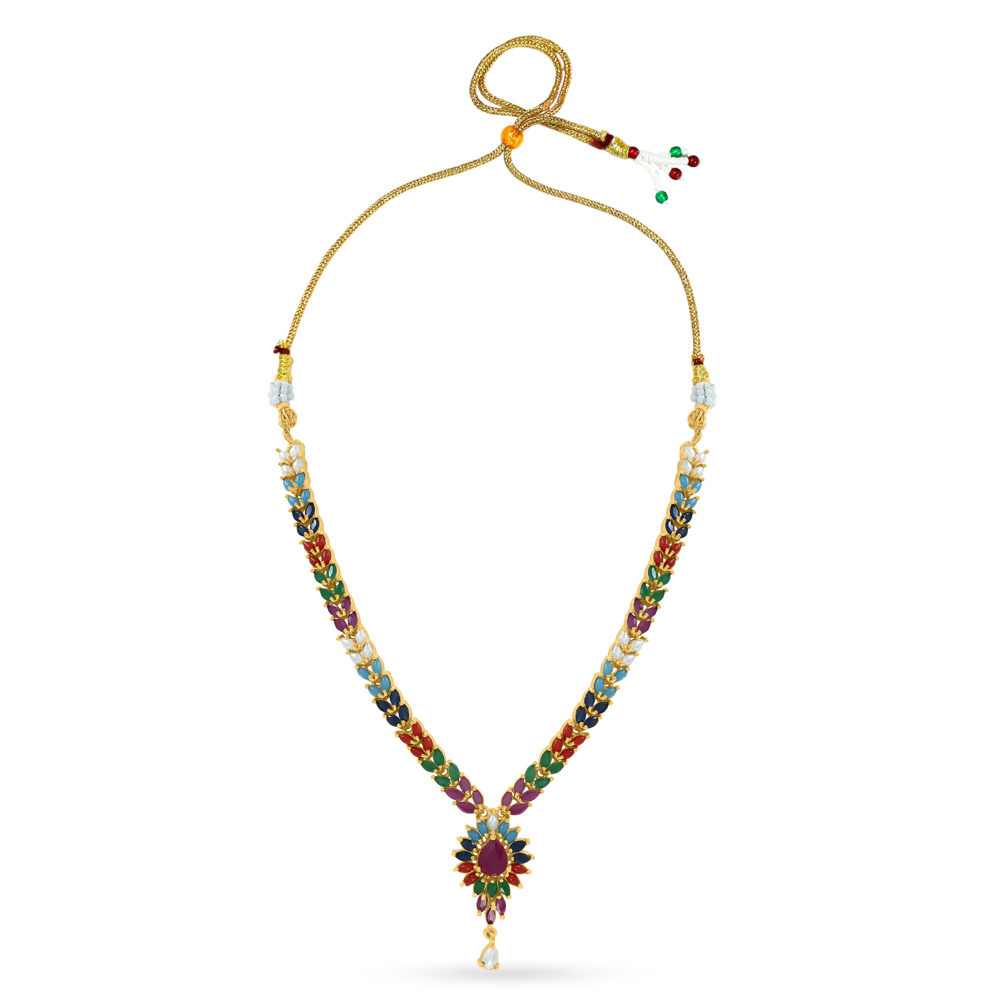 Bhavmayi Vibrant Marquise Navratna Stone and Teardrop Pearl Style Multi-Color Heritage Necklace Set with Earrings
