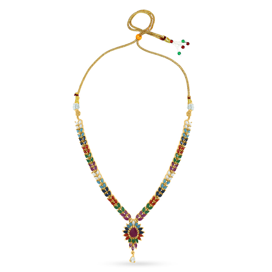 Bhavmayi Vibrant Marquise Navratna Stone and Teardrop Pearl Style Multi-Color Heritage Necklace Set with Earrings