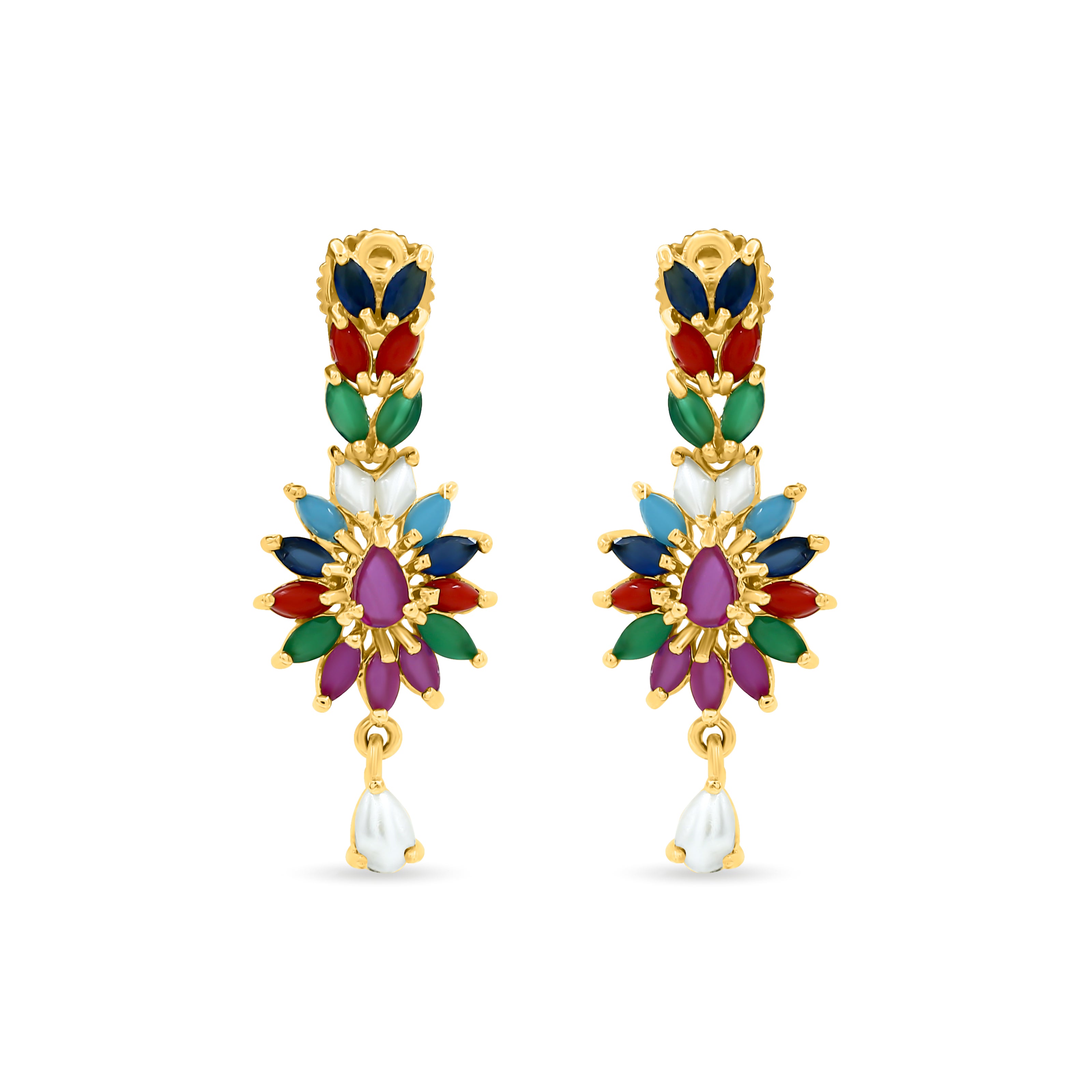 Bhavmayi Vibrant Marquise Navratna Stone and Teardrop Pearl Style Multi-Color Heritage Necklace Set with Earrings