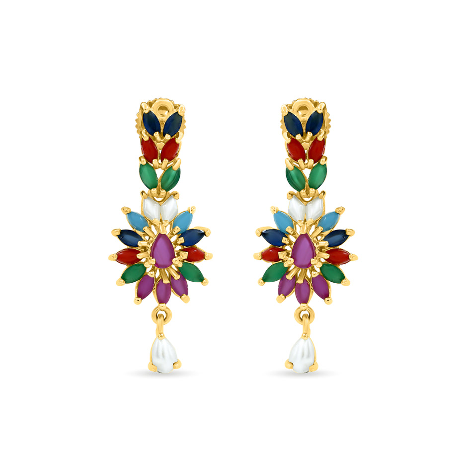 Bhavmayi Vibrant Marquise Navratna Stone and Teardrop Pearl Style Multi-Color Heritage Necklace Set with Earrings