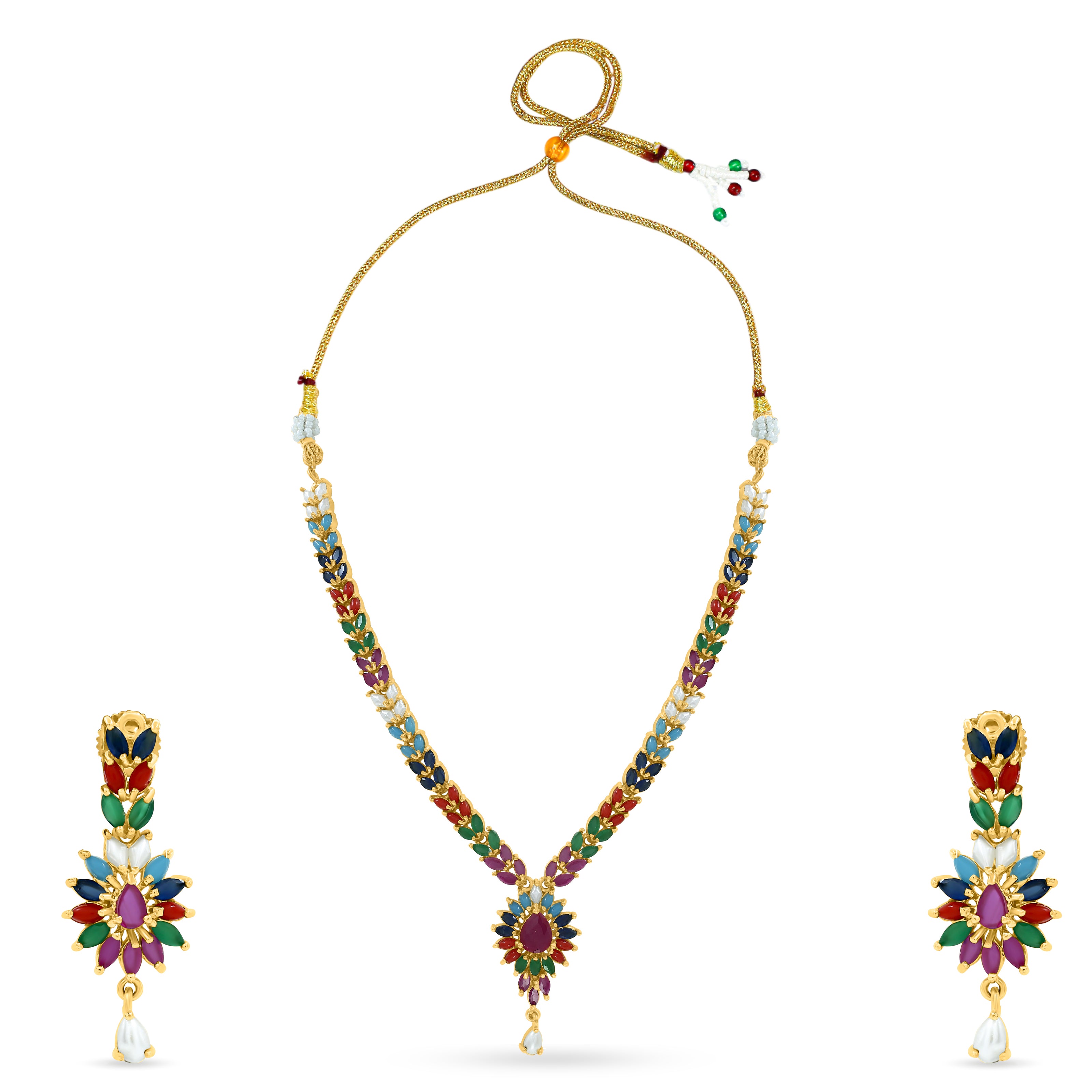 Bhavmayi Vibrant Marquise Navratna Stone and Teardrop Pearl Style Multi-Color Heritage Necklace Set with Earrings