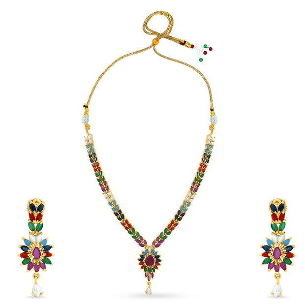 Bhavmayi Vibrant Marquise Navratna Stone and Teardrop Pearl Style Multi-Color Heritage Necklace Set with Earrings