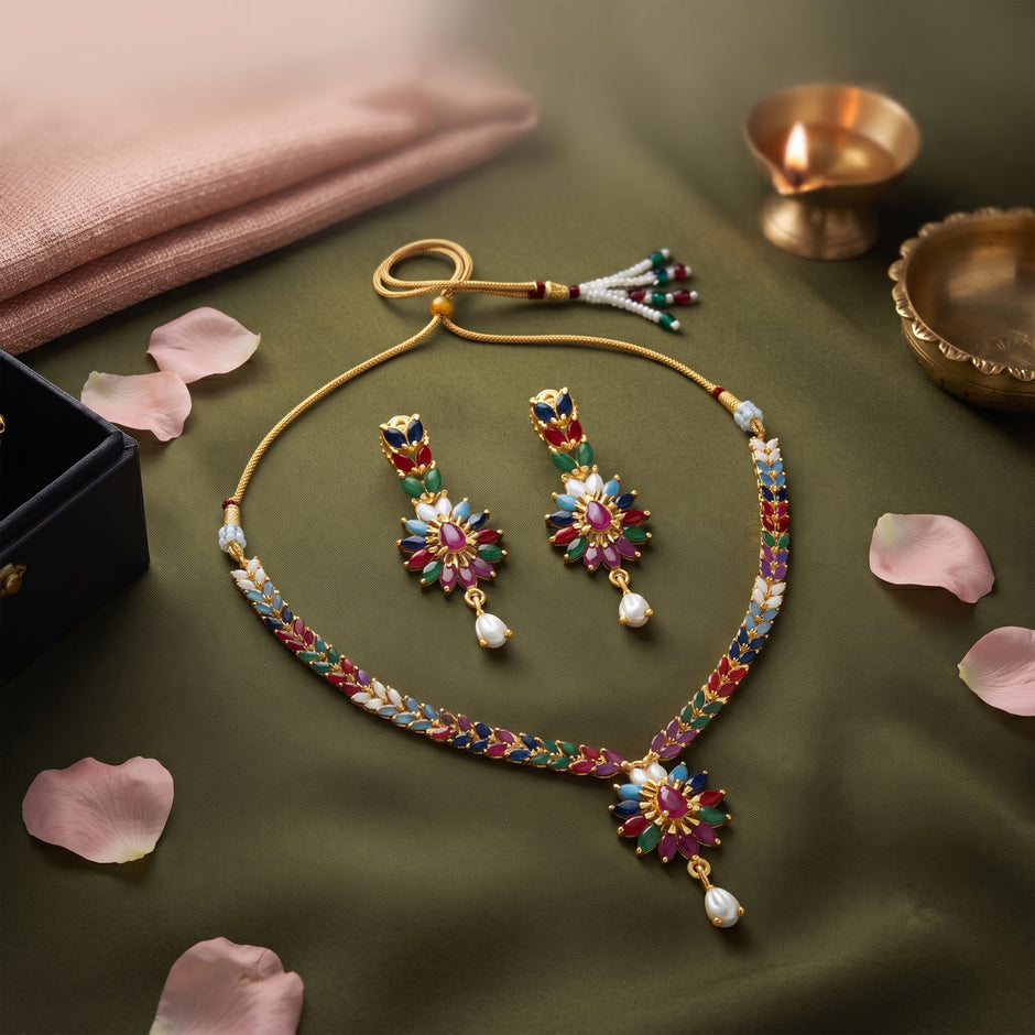 Bhavmayi Vibrant Marquise Navratna Stone and Teardrop Pearl Style Multi-Color Heritage Necklace Set with Earrings